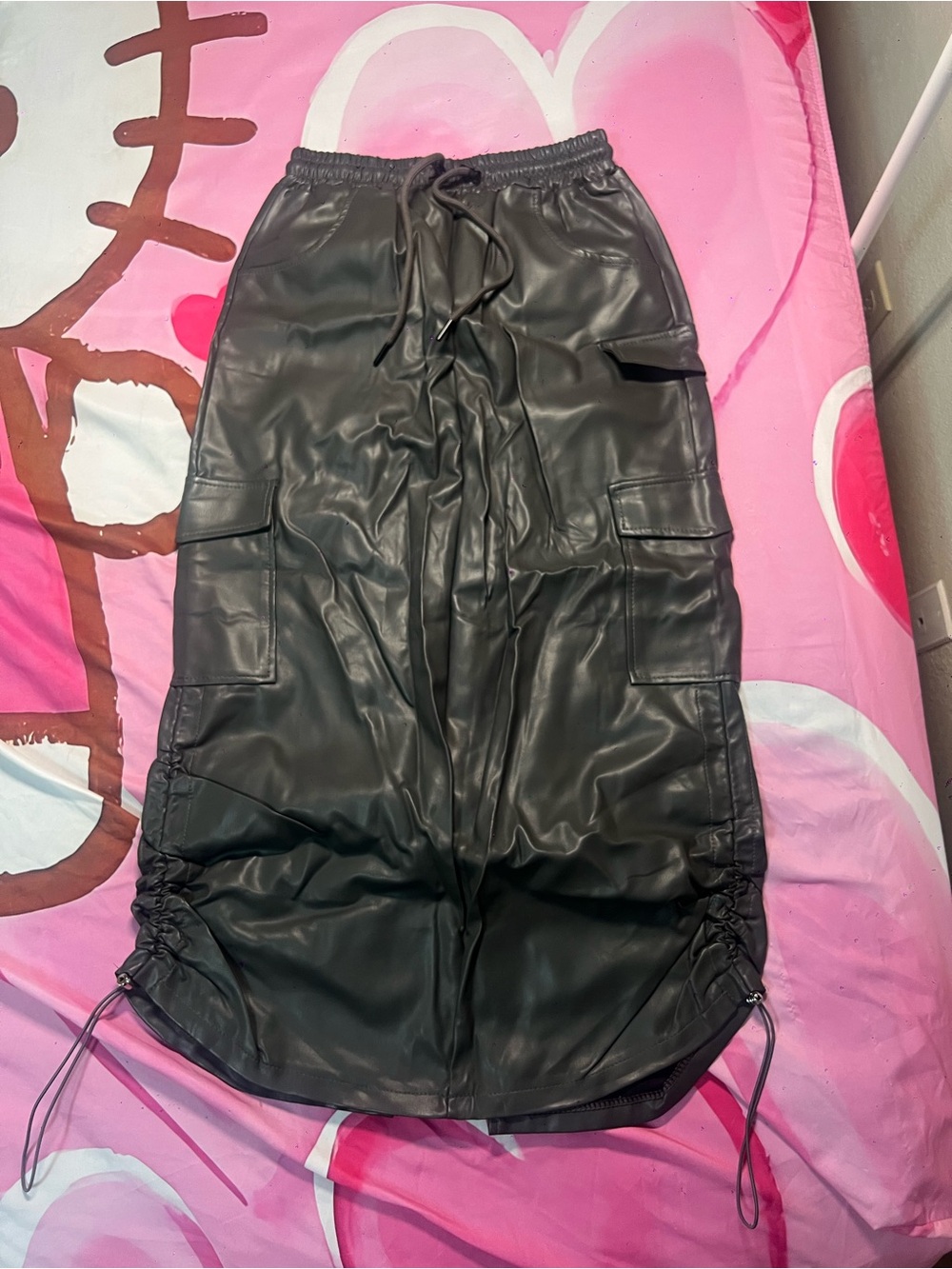 Black Faux Leather Cargo Maxi Skirt